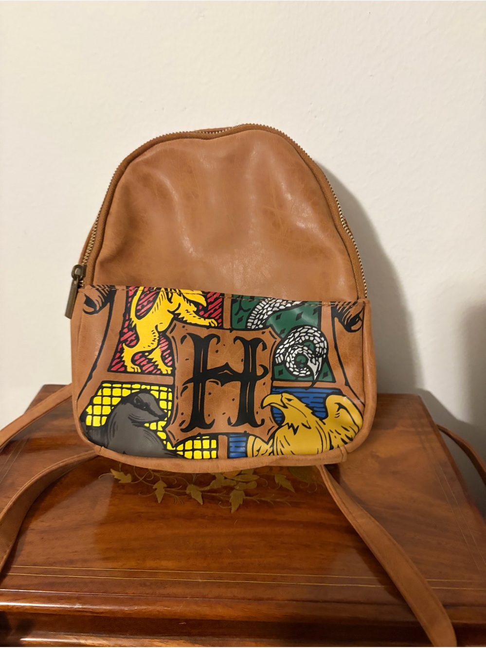 Kids Tan Leather Mini Backpack with Colorful Heraldic Front Panel